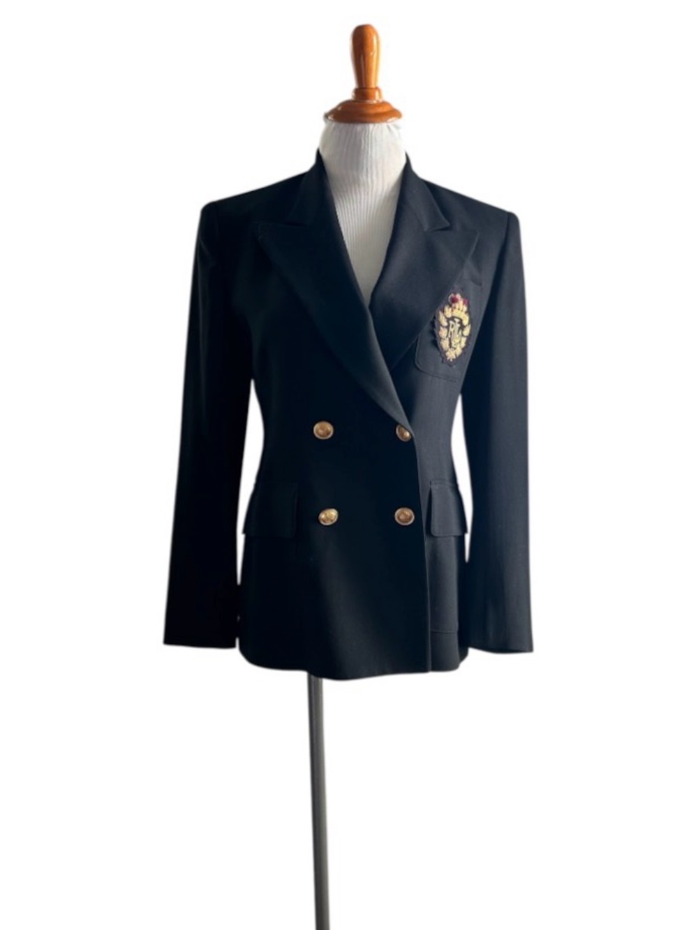 Ralph Lauren Double RL Black Double-Breasted Blazer with Embroidered Crest